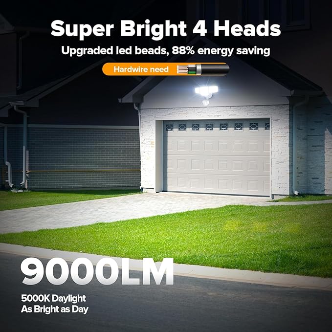 LUTEC 80W 9000LM LED Security Light Hardwire Motion Sensor Outdoor Lights, 4 Head LED Flood Lights Outdoor 5000K Daylight, IP65 Waterproof, Motion Detected Lights for Outside, Garage, Yard (White)