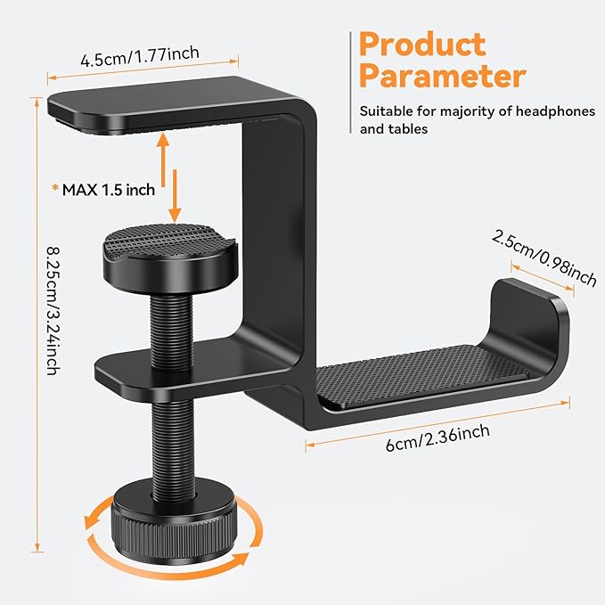 Yocice Headphone Hanger Holder Stand-Under Desk Headphone Hanger， Headset Hook Holder Space-Saving Aluminum Stand with Universal Fit for Gaming PC Accessories (Black-1PCS)