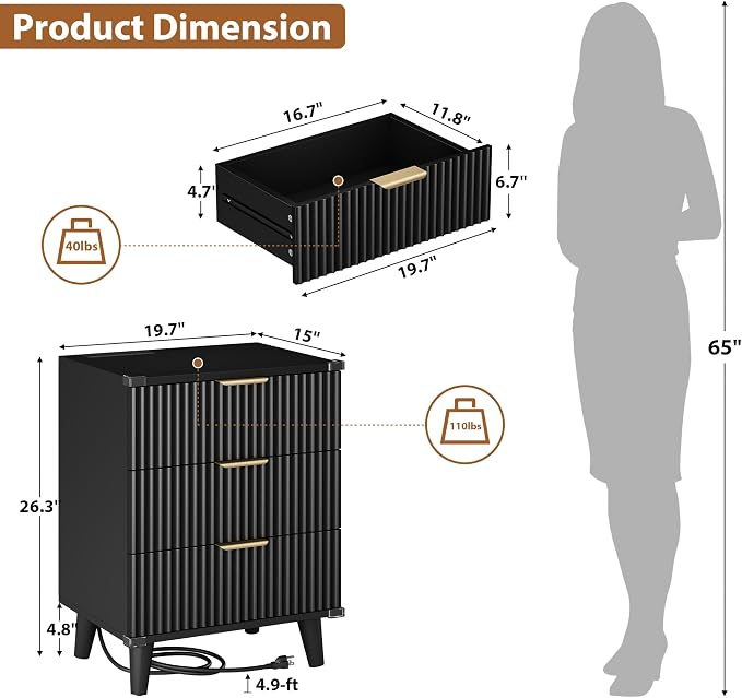 Wood Bedside Table w/Charging Station, 3 Drawers Fluted Dresser | Black - Image 3