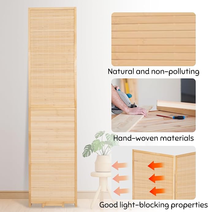 Bamboo Mesh Woven Room Divider 5.6FT, 4 Panel Folding Privacy Screen, Folding - Image 7