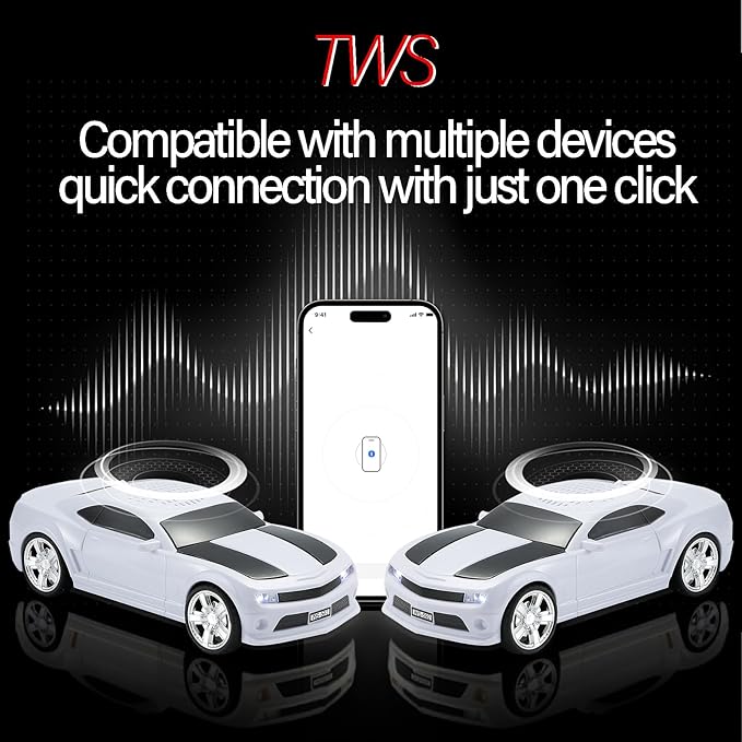 WSTER Sports Car Model Bluetooth Speaker with Stereo Sound, TWS Pairing, LED Party Lights, USB/TF Playback, Movable Wheels, Unique Retro Car Gifts (White)