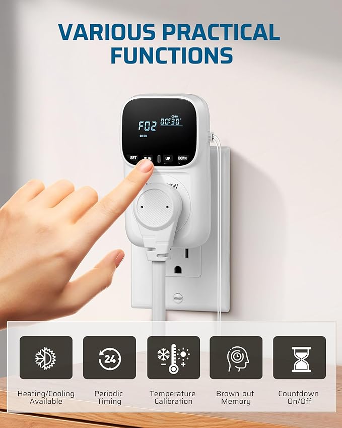 DEWENWILS Digital Temperature Controller, Heavy Duty 15A/1800W Thermostat Outlet Plug, VA Display Heating Cooling Control Timer, -40℉~210℉, Cyclic Timing/Countdown, for Greenhouse Incubator Homebrew
