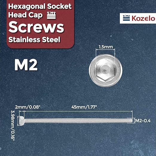 Kozelo 10pcs Socket Head Cap Screws - [M2-0.4 x 45mm] 304 Stainless Steel Allen Socket Drive for Electrical Motor 3D Printing Fan Engine Replacement Use, Silver