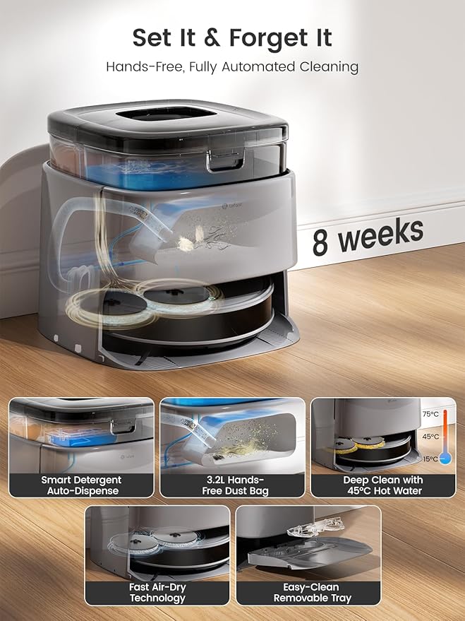 Lefant M3 Max Robot Vacuum, Robot Vacuum and Mop, 20000Pa Suction, Anti-Tangle Brushes, Dual Spinning Mop,Smart Obstacle Avoidance，Self-Emptying&Refilling，Auto Mop Washing&Drying，Gray