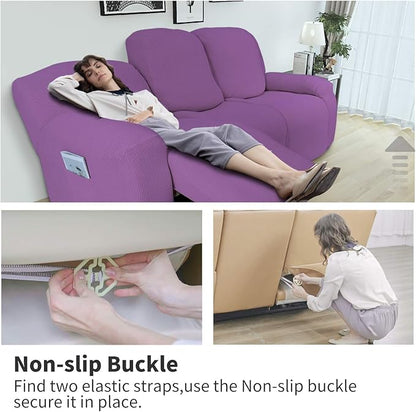Easy-Going 6 Pieces Recliner Loveseat Stretch Sofa Slipcover Sofa Cover Furniture Protector Couch Soft with Elastic Bottom Kids, Spandex Jacquard Fabric Small Checks Purple