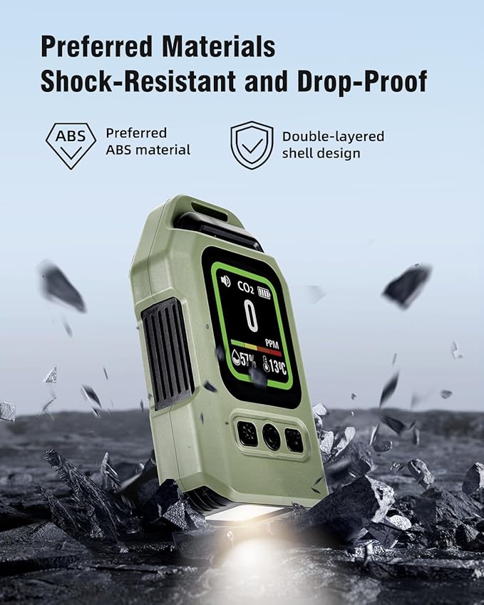 3-in-1 Portable Carbon Monoxide Detector.Visual Alarm for Camping,Travel,RV.More Than 300H Standby . Equipped With a Flashlight, Magnetic Back and Hook.Featuring CO, Temperature and Humidity Sensors