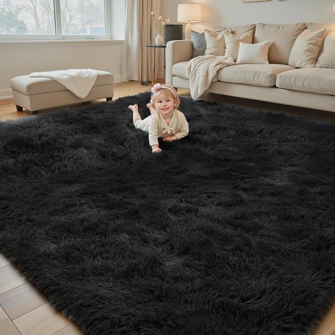 6x9 Black Shag Area Rug for Living Room, Soft Plush Fluffy Carpet | Non-Slip by Junhejiamei