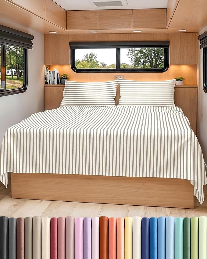 RV Short Queen Sheet Set 60 X 75 - 4 Piece RV Short Queen Bed Sheets - Soft, Breathable & Cooling - Designed for Bunks, Trailers & Campers - Fits 8” to 12" Mattress - Luxury Bedding - Beige Stripes 2