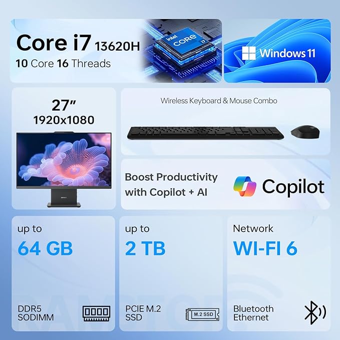 Lenovo IdeaCentre Business Computer All-in-One PC, 27" FHD 100Hz Display, Intel Core i7-13620H, 64GB DDR5, 2TB SSD, Wi-Fi 6, Windows 11 Pro with AI & Microsoft Copilot, Wireless KB & M, Grey