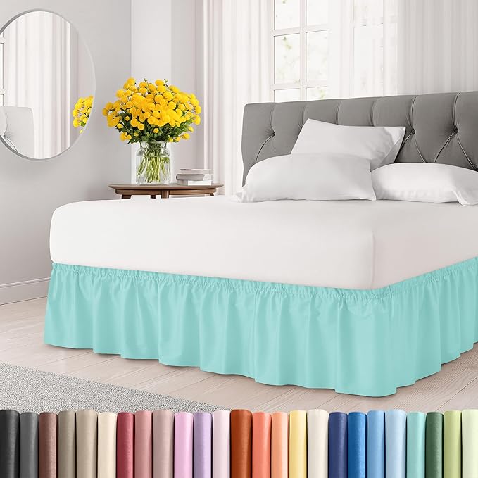 Wrap Around Dust Ruffle Bed Skirt - Spa Blue - Twin/Twin XL Size Beds with 12 Inch Drop - Easy Fit Elastic Strap - Adjustable Pleated Bedskirt w/Brushed Fabric Wrinkle Free - Women, Men, Kids & Teens