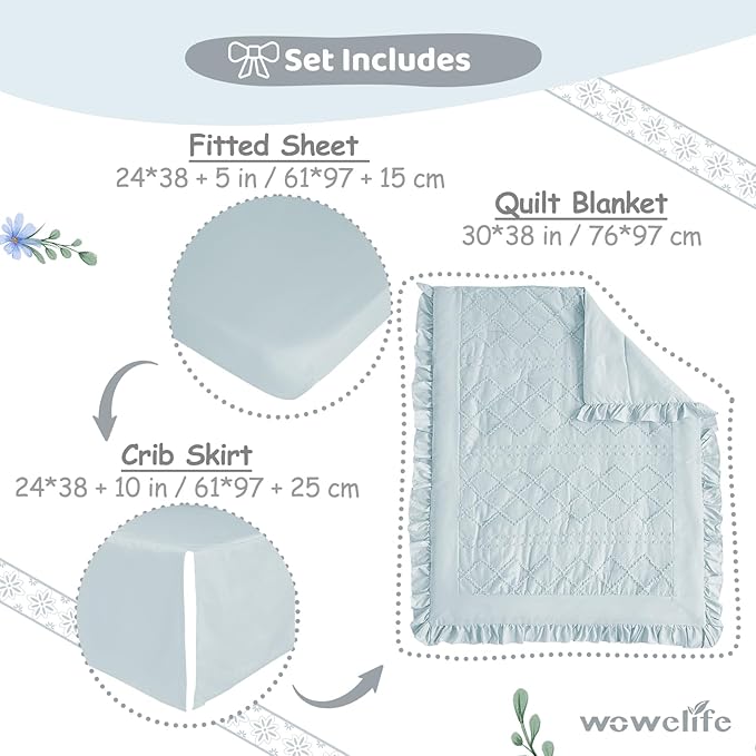Wowelife Mini Crib Bedding Set for Girls, 3 Piece Tufted Jacquard Ruffle Fringe Baby Girl Crib Bedding Set Newborn, Infant & Nursery with Comforter, Crib Fitted Sheet and Crib Skirt, Blue