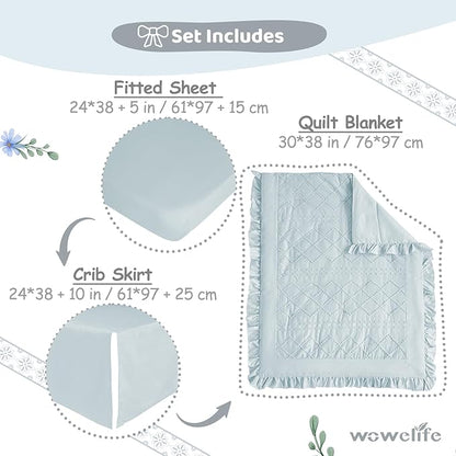 Wowelife Mini Crib Bedding Set for Girls, 3 Piece Tufted Jacquard Ruffle Fringe Baby Girl Crib Bedding Set Newborn, Infant & Nursery with Comforter, Crib Fitted Sheet and Crib Skirt, Blue