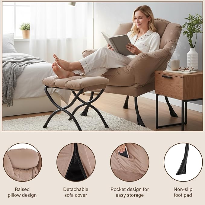 Welnow Lazy Chair with Ottoman, Reading Chair with Footrest, Khaki Velvet | A - Image 4
