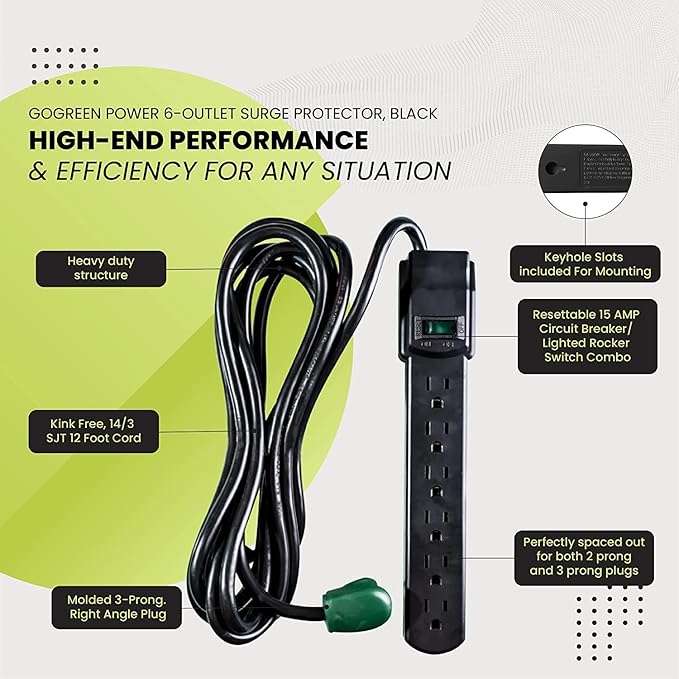 GoGreen Power Inc. (G-16103M-12BK-2) 6 Outlet Surge Protector, 12FT Cord, Black, 2 Pack