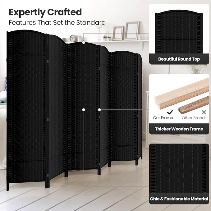 6 Panel Folding Room Divider, Woven Privacy Screen, handcrafted diamond pattern - Image 2