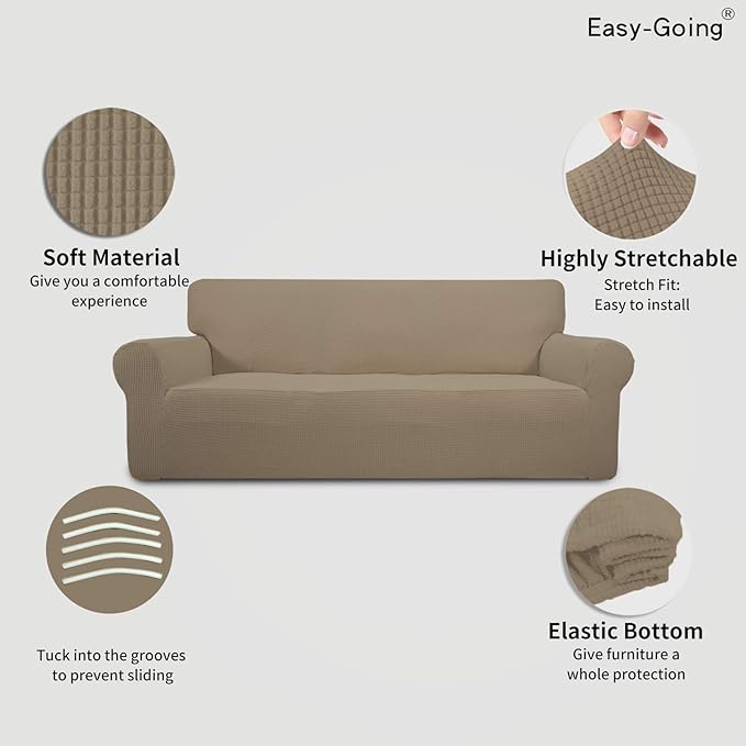 Easy-Going Stretch Sofa Slipcover 1-Piece Sofa Cover Furniture Protector Couch Soft with Elastic Bottom for Kids, Polyester Spandex Jacquard Fabric Small Checks (Sofa, Natural)