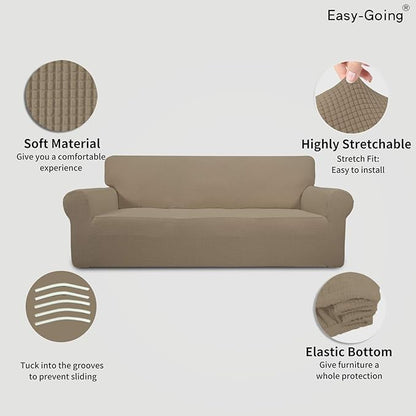 Easy-Going Stretch Sofa Slipcover 1-Piece Sofa Cover Furniture Protector Couch Soft with Elastic Bottom for Kids, Polyester Spandex Jacquard Fabric Small Checks (Sofa, Natural)