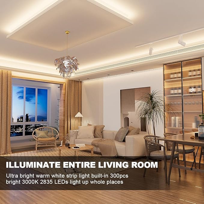 MY BEAUTY LIGHT LED Strip Lights Warm White,16.4ft Dimmable LED Light Strip with RF Remote,300 Bright 3000K 2835 LEDs,Plug-in Adhesive Rope Lights with Timing Mode for Living Room Bedroom Kitchen