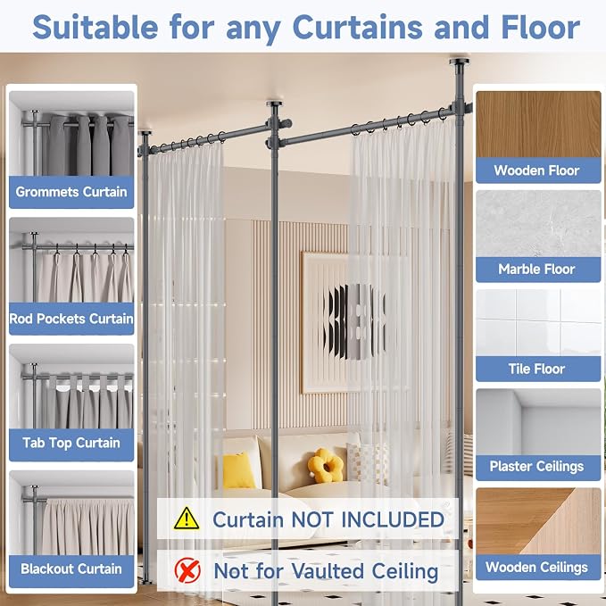 Room Divider Privacy Screens, No Drill Curtains Rod - Image 5