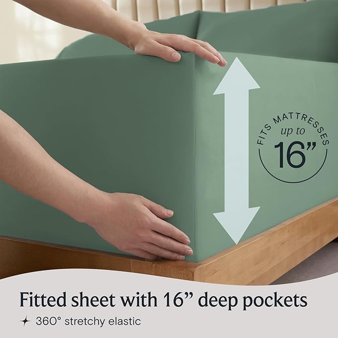 LuxClub 4 PC Queen Sheet Set, Deep Pockets Wrinkle Free Cooling Bed Sheets Hotel Bedding for Women, Men, Includes 1 Fitted Sheet, 1 Flat Sheet and 2 Pillowcases-Soft Tree Moss Green