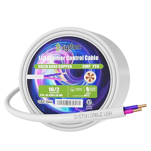 Syston Cable Technology 16/2 LED Lighting Dimmer Dimming Luminaire Control Wire Cable,16 AWG 2 Conductors Solid Bare Copper Unshielded Plenum Rated CMP CL3P FT6, for Ballast Wiring and Connection