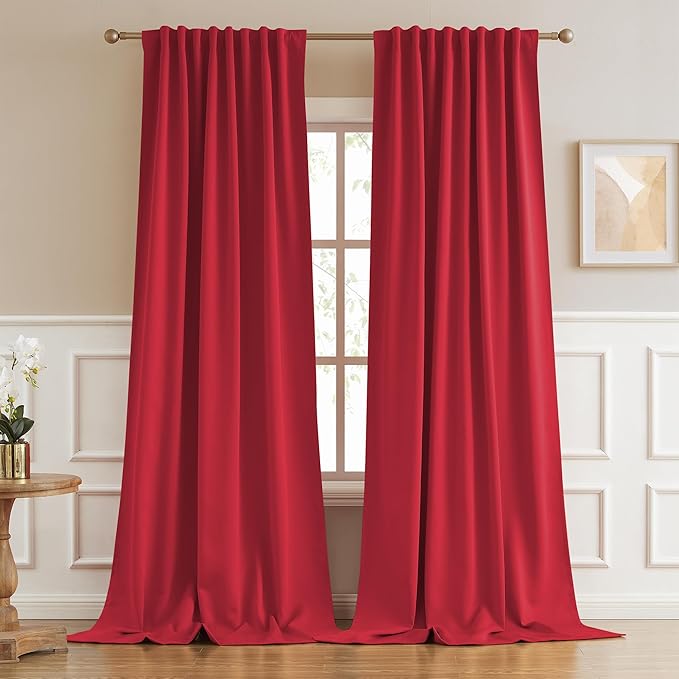 Extra Long 132 Inch Curtains Red Back Tab Loop Pocket Thermal Insulated by DUALIFE