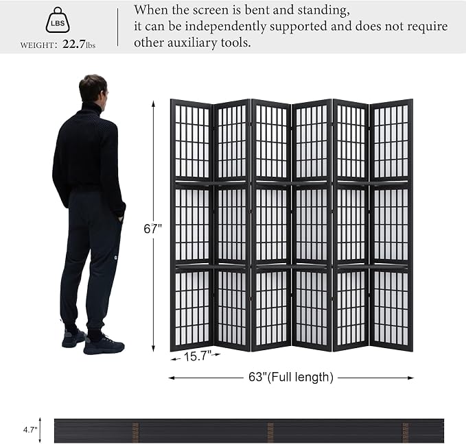 Room Divider with Shelves, 66.9-Inch Tall Japanese Shoji Style Wood Screen with - Image 4