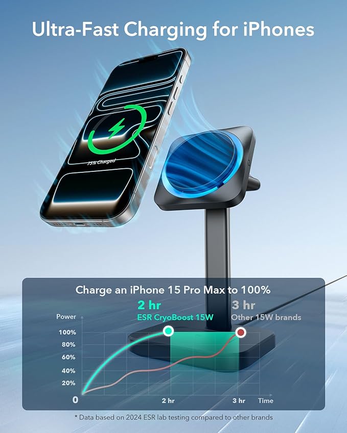 ESR for MagSafe Charger Stand, 3 in 1 Charging Station with CryoBoost, Phone-Cooling Wireless Charging, 15W MagSafe Stand, for iPhone 17/16/15/14/13/12, AirPods, Apple Watch, Black