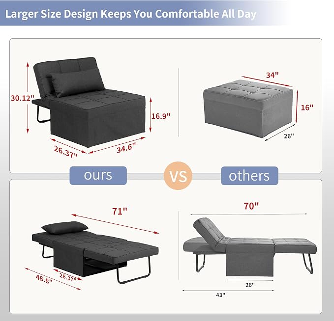 Sofa Bed, 4 in 1 Multi-Function Modern Folding Ottoman Guest Bed - Image 2