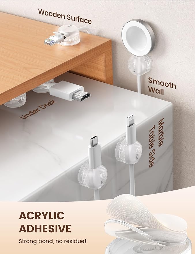 Lamicall 6Pack Clear Rotatable Cord Organizer - [1s Lock] Cable Clips Phone Charger Cord Holder, Desk Cable Management, Adhesive Wire Organizer for Nightstand, Office Accessories, Room Christmas Decor