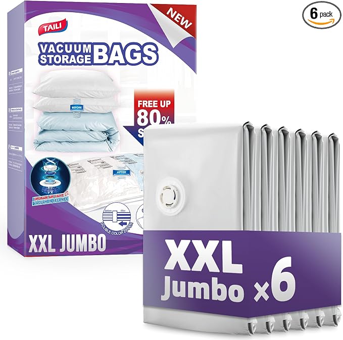 TAILI 6 Pack Vacuum Storage Bags, XXL Jumbo, Cream | Vacuum Seal Bags by TAILI