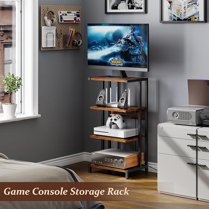 X-cosrack 16.5" Small 4-Tier AV Media Stand with Power Strips,Narrow Version Wooden Corner Shelf Stereo Cabinet Audio Rack Stand Tower for Small DVD Players Game Console TV Box Cable Box WiFi Router