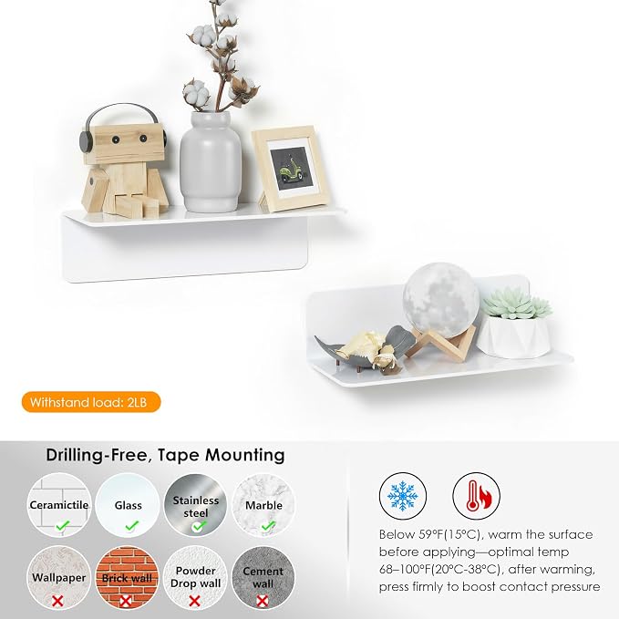 OAPRIRE Acrylic Floating Wall Shelves White, No Drill, 9 Inch 2 Pack | Strong - Image 5