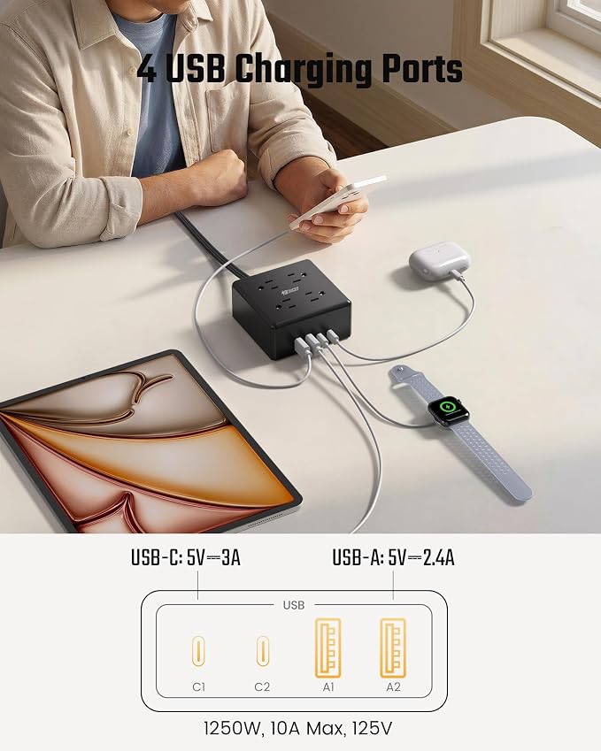 Power Strip, SUPERDANNY 4-Outlet 4-USB Surge Protector, 5 Ft Extension Cord - Image 4