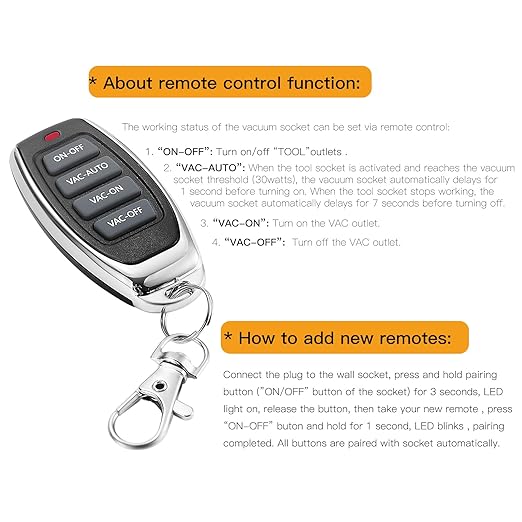 KTNNKG Automatic Remote Vacuum Switch，Load Sensing Outlets,Power Tool/Table Saw Turns Vac Cleaner On and Off Automatically(1s Delay On and 7s Delay Off),120V/15A/60Hz/1800W