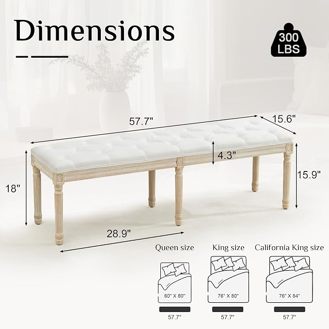 LOULENS 57.7" Linen End of Bed Bench King Size, Upholstered Bench, Upholstered - Image 2