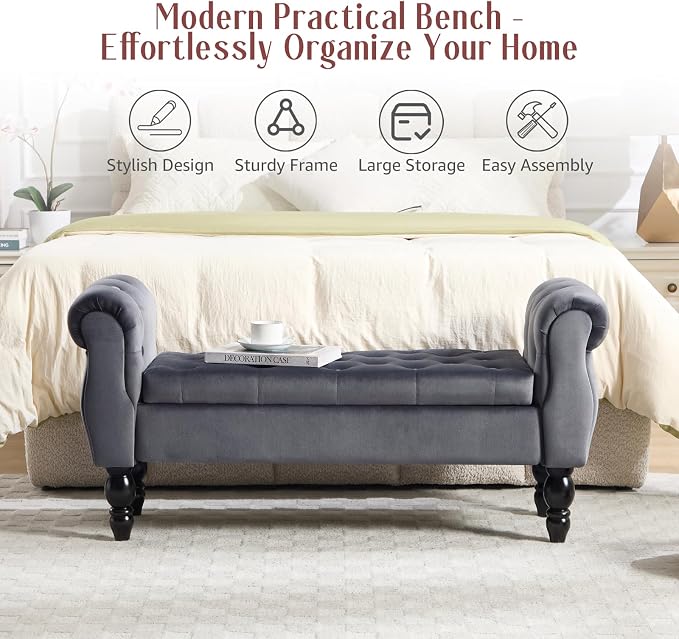 47.6" Storage Bench for End of Bed Bedroom, Velvet Ottoman Bench - Image 6