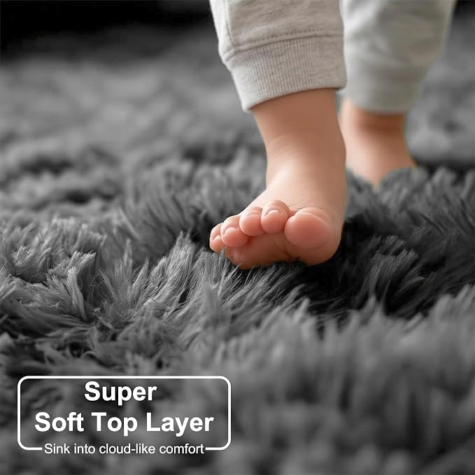 Amdrebio Grey Round Fluffy Area Rug 5Ft - Image 2