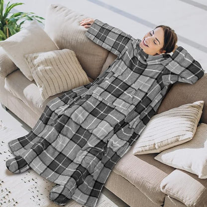 PAVILIA Fleece Blanket with Sleeves, Foot Pockets for Women Men Adults, Plush Wearable Blanket Throw Wrap, Warm Snuggle Blanket Robe, Cozy Gift Ideas Wife Mom, Plaid Dark Gray