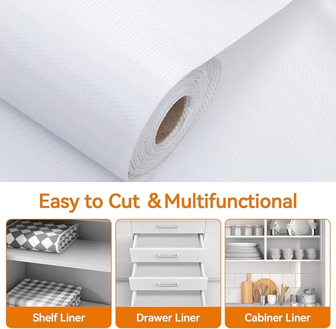 Shelf and Drawer Liner for Kitchen Cabinets Non-Adhesive, Strong Grip Non-Slip Thickened Cabinet Liners for Shelves, Waterproof Mats for Dresser Cupboard, White, 24 in x 10 Feet