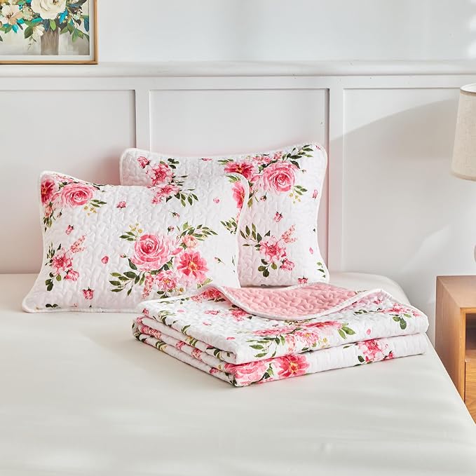 UOZZI BEDDING Pink White Floral Quilt Set 3 Pieces Queen Size Pink Flower Soft - Image 7