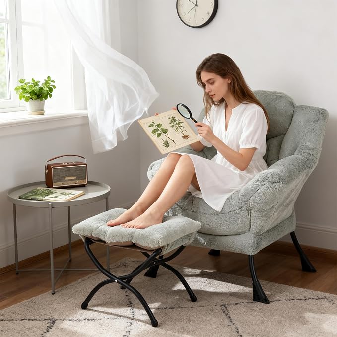 Welnow Lazy Chair with Ottoman, Reading Chair with Footrest, Plush Green | A - Image 5