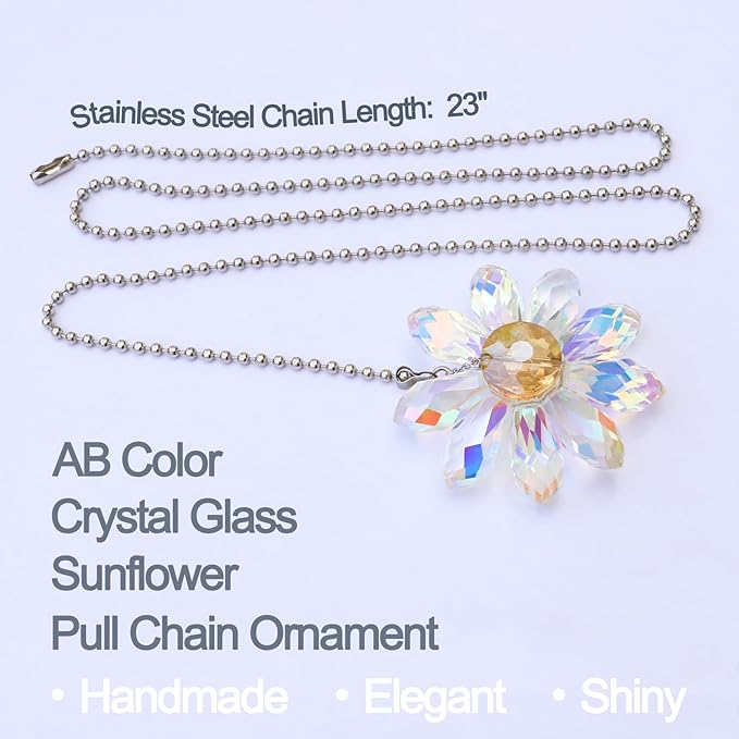 LEFERS Ceiling Fan Pull Chain, 2 Pieces 1.8" Crystal Glass Flower Pendants with 24" Ceiling Fan Chain Extender and Connector (Crystal AB)