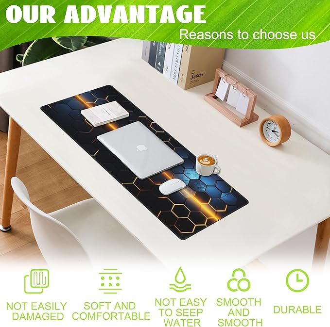 Eflxamz Large Gaming Mouse Pad for Desk,Golden Lines Honeycomb Technology Desk Mat,Honeycomb Technology Desk Pad,Extended Computer Keyboard Mouse Pad with Non-Slip Base and Stitched Edge,31.5"x11.8"