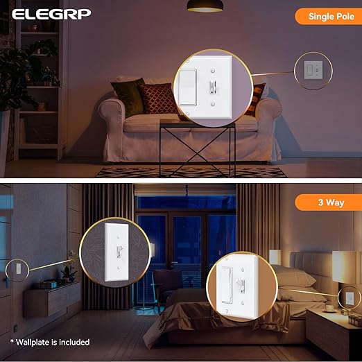 ELEGRP Digital Toggle Dimmer Switch for Dimmable LED, CFL and Incandescent Light Bulbs, Single Pole or 3-Way Toggle LED Dimmer Light Switch, Wall Plate Included, UL Listed, 6 Pack, White
