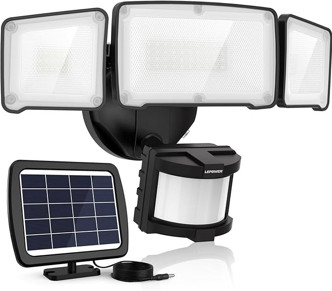 LEPOWER 1600LM LED Solar Security Lights Motion Outdoor, 5500K White Light, IP65 Waterproof Outdoor Flood Solar Light for Yard, Garage（Black）