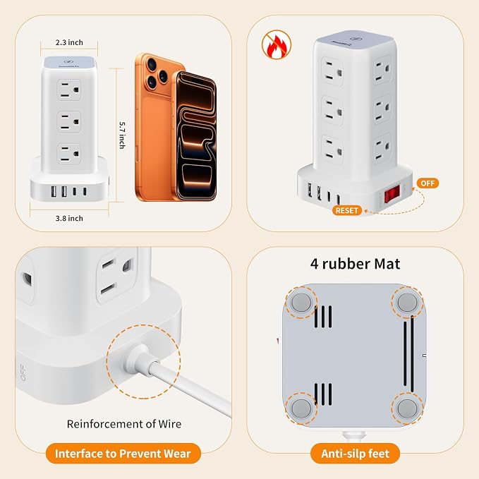 Extension Cord with Multiple Outlets, SMALLRT Power Strip Tower, Outlet - Image 7