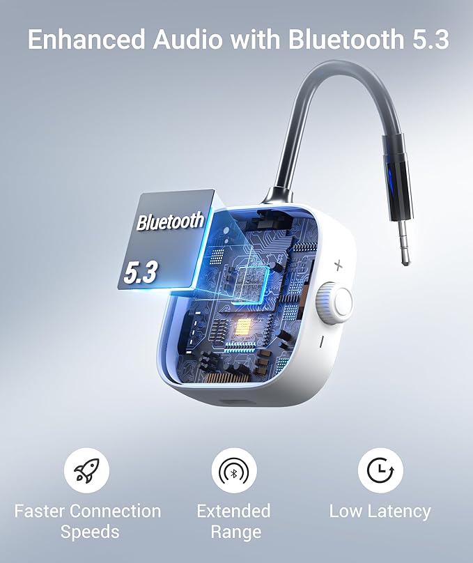 Syntech Airplane Bluetooth Transmitter Receiver for 2 AirPods or Wireless Headphones, HD Display Low Latency 3.5mm AUX Jack Bluetooth 5.4 Audio Adapter for Flying, TV, Car, Gym, Home Stereo White