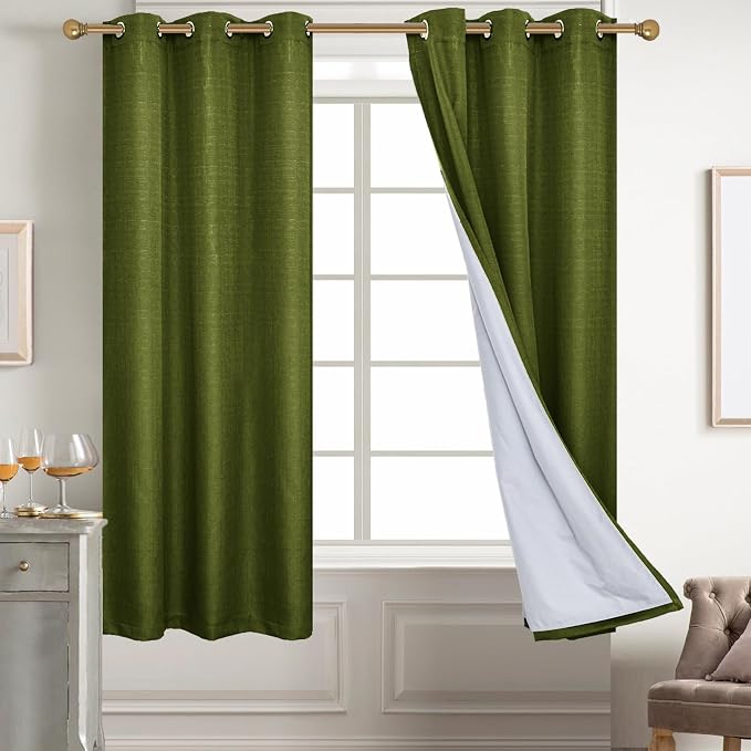 Diraysid 100% Blackout Curtains Olive Green Linen Curtains - Image 6