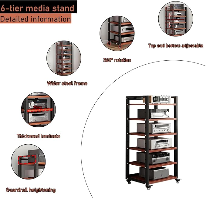 Dernoing 6 Tier Audio Rack Tower, CD Record Player Stereo Receiver AV Equipment Cabinet Display Rack, Weight Capacity 661 lbs, with Adjustable Wooden Shelves for Home (6 Tier Teakwood)